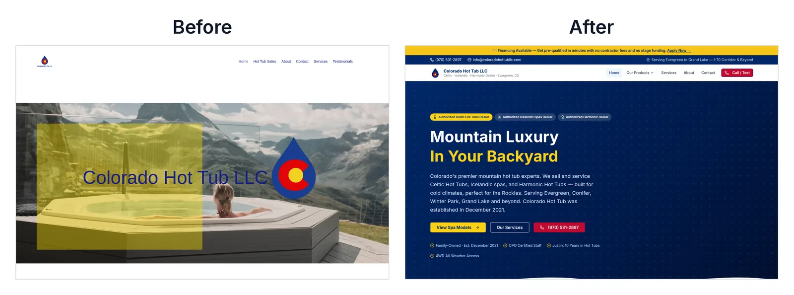 Colorado Hot Tub homepage before the rebuild (old Wix site, April 2026) and after (current site).